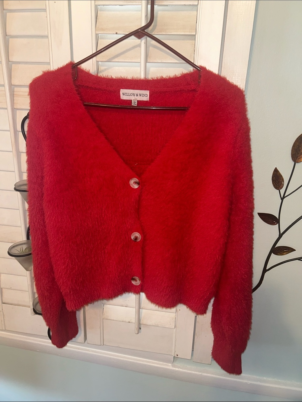 Red Fuzzy V-Neck Button Cardigan